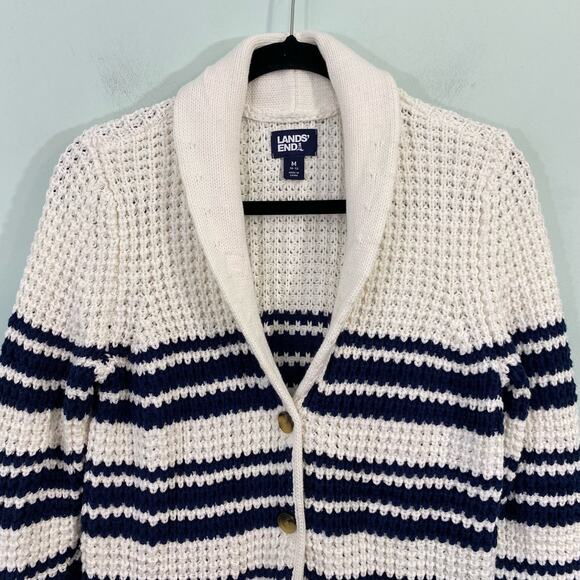 Lands' End Women's White & Navy Nautical Shawl Collar Knit Cardigan Size M - Picture 2 of 8